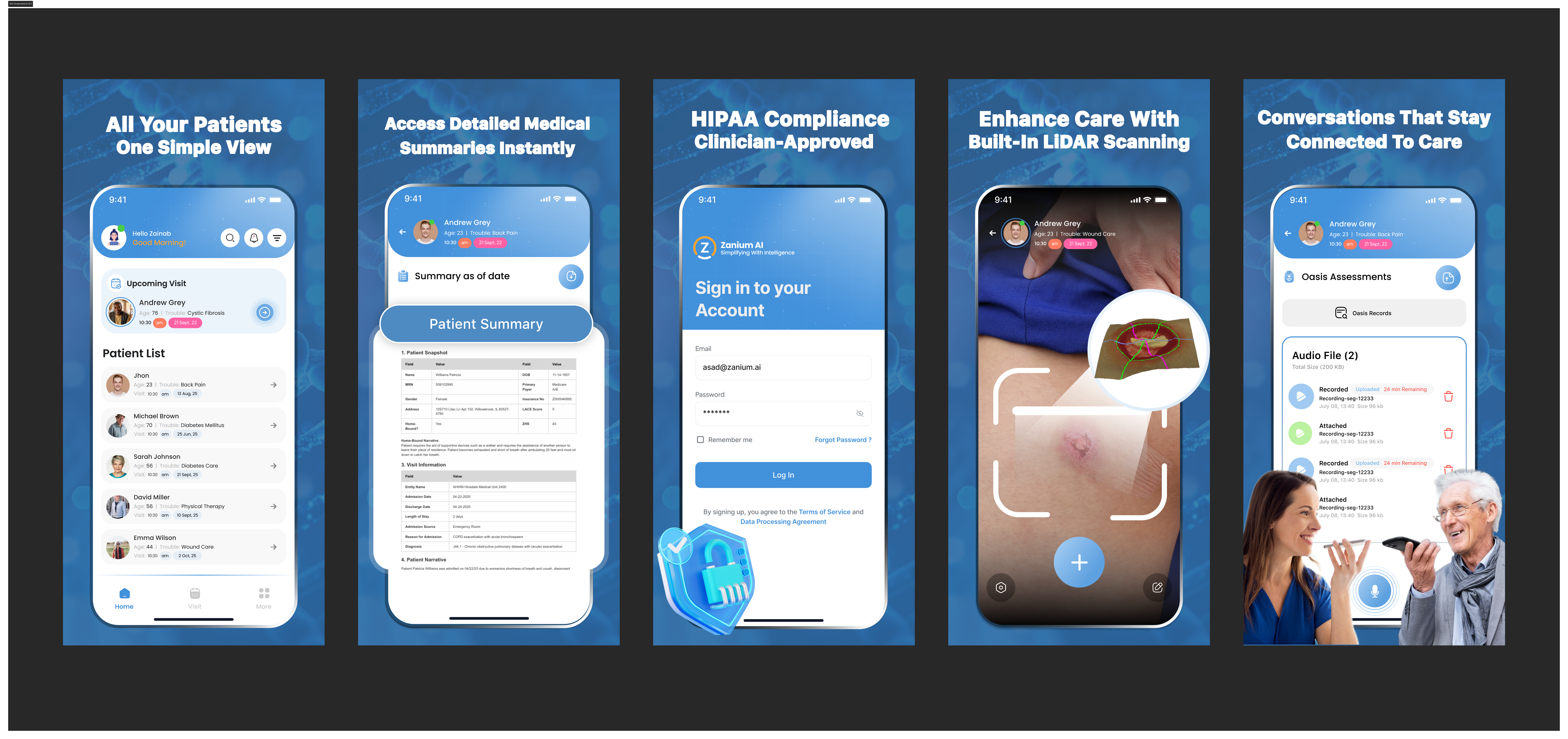 Screens showcasing Zanium clinical intelligence platform